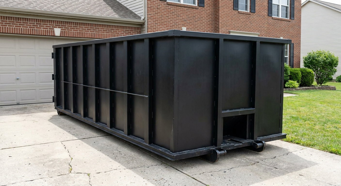 Matte-black 20-yard roll-off container on a Elk Grove residential concrete driveway with reinforced ribbed steel sidewalls and a hinged rear walk-in door, clean bright daylight.