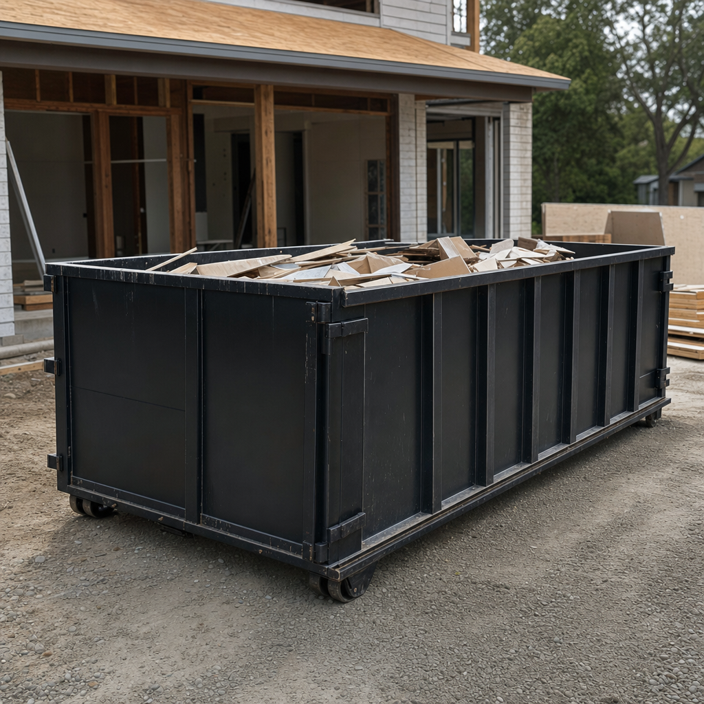 Large matte-black 30-yard construction roll-off dumpster at an active Elk Grove jobsite, steel-gray top rails and bottom rollers visible, loaded with construction debris.