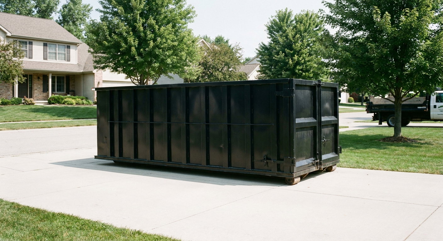 Matte-black 20-yard roll-off dumpster sitting level on a clean Elk Grove residential concrete driveway under bright daylight, demonstrating clean placement directly on the concrete.