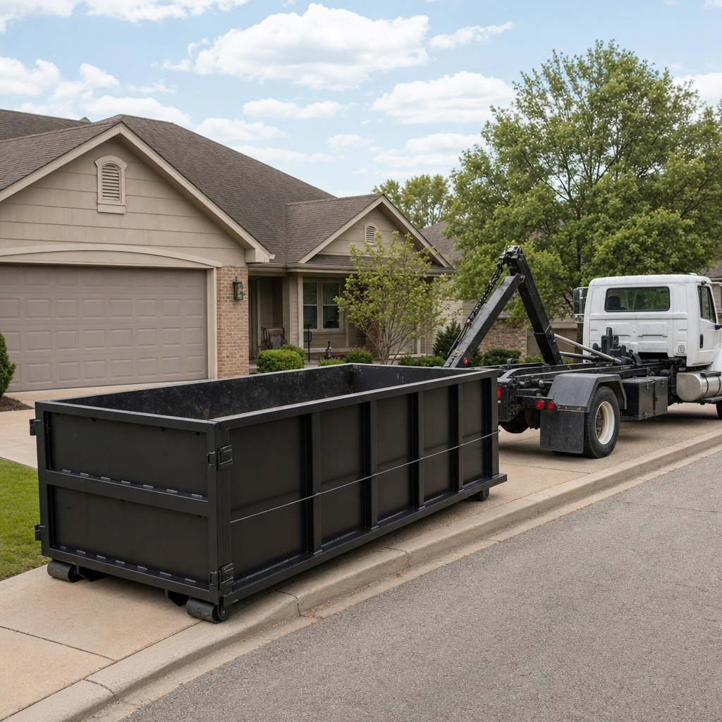 Wide documentary shot of a matte-black roll-off dumpster on a Elk Grove residential driveway in the foreground and a contractor jobsite container in the soft-focus background, bright daylight, calm and orderly composition.